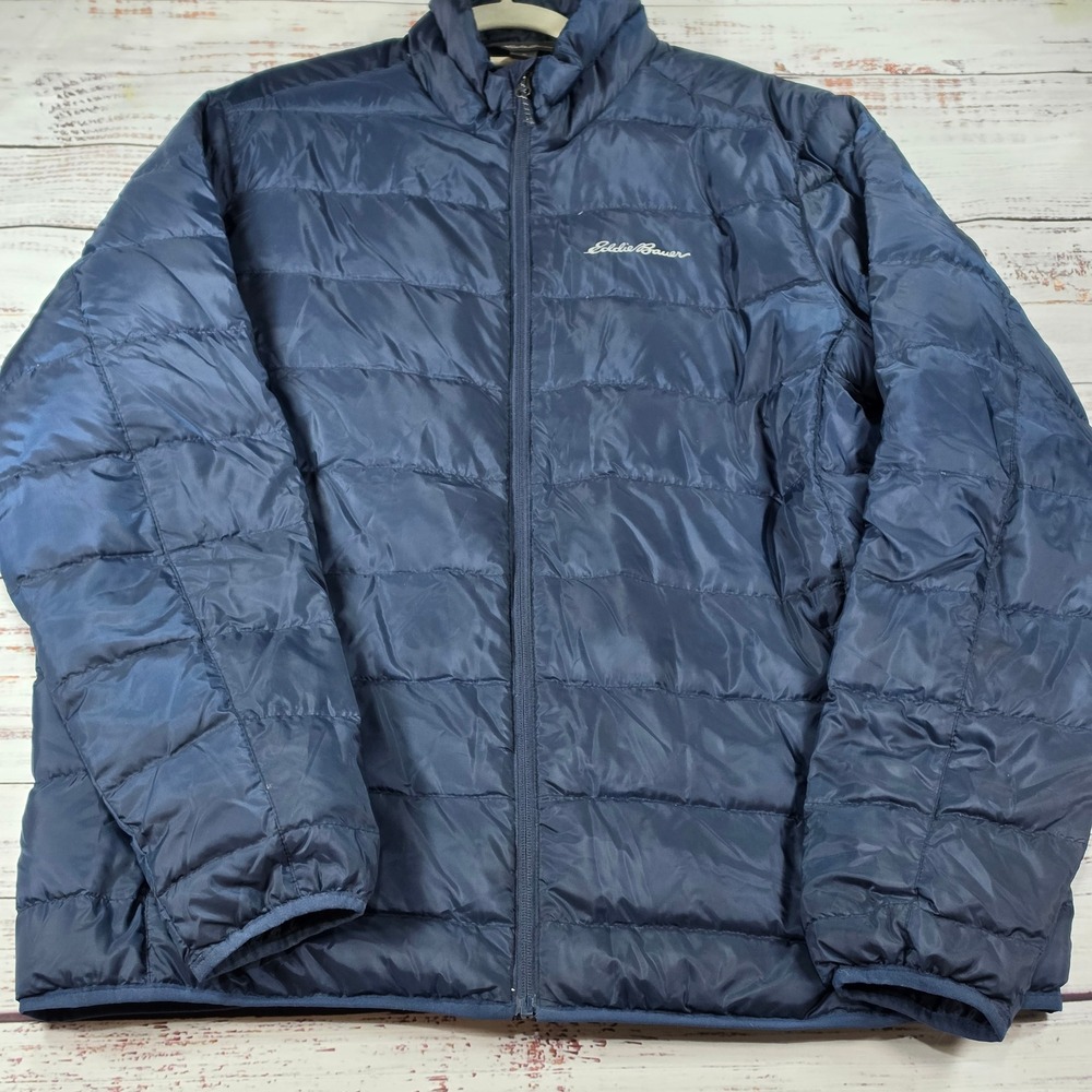Eddie Bauer Down Puffer Jacket Mens XL Navy Blue Excellent Quilted Full Zip
